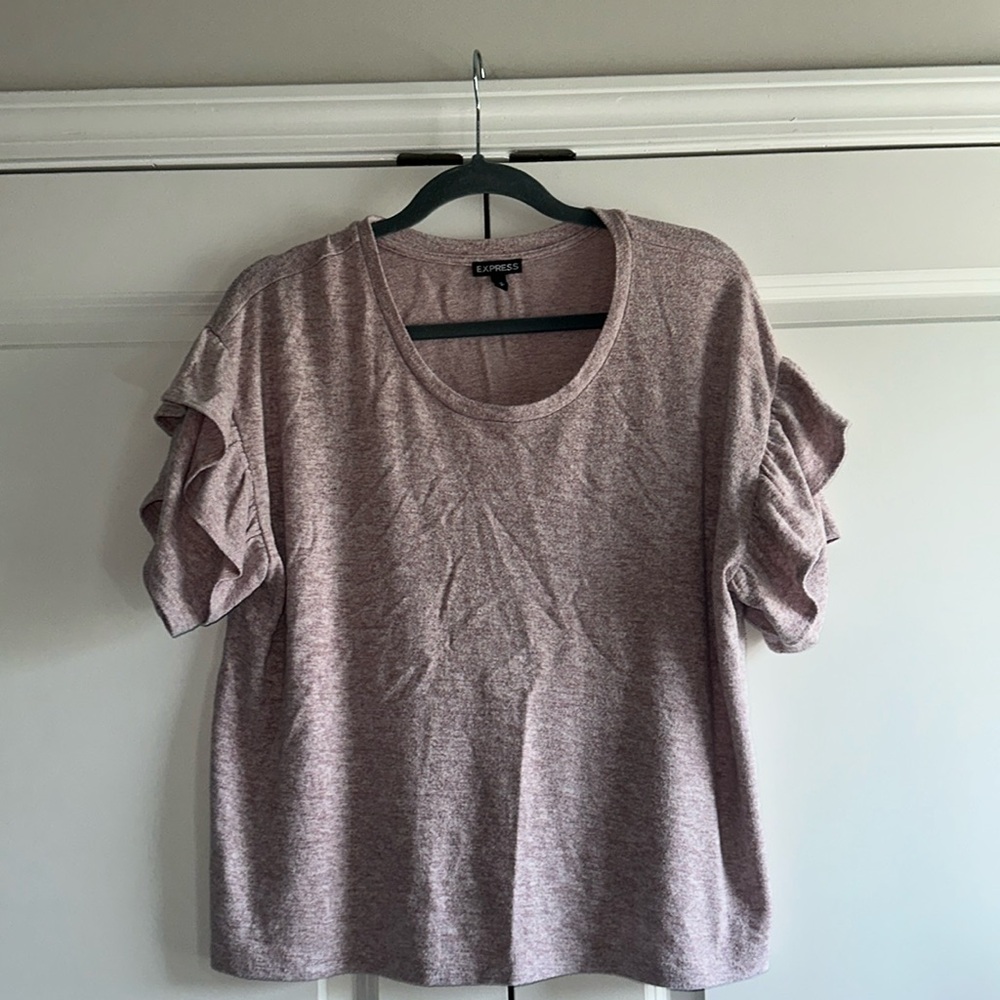 Express Pink, semi-cropped, ruffle short sleeve sweater. Size M.